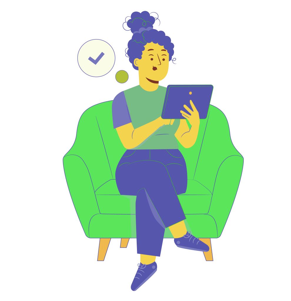 A women reading tabs on a sofa